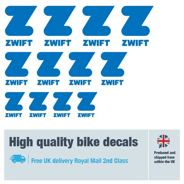 Zwift bike fork decal set in dark blue. Replacement vinyl stickers for Zwift forks.