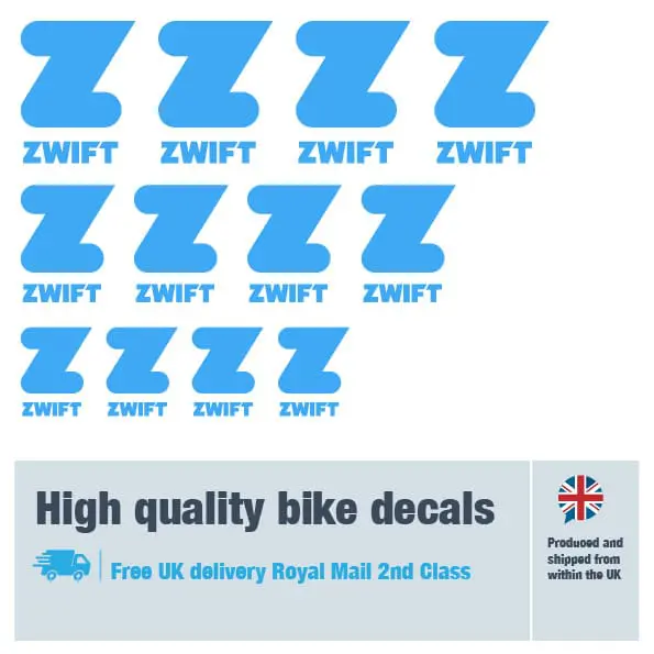 Zwift bike fork decal set in light blue. Replacement vinyl stickers for Zwift forks.