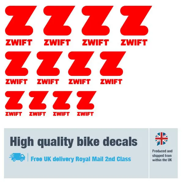 Zwift bike fork decal set in red. Replacement vinyl stickers for Zwift forks.