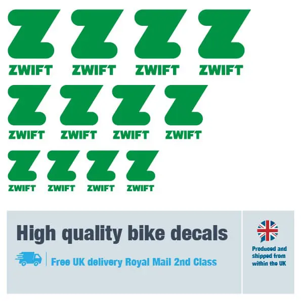 Zwift bike fork decal set in green. Replacement vinyl stickers for Zwift forks.
