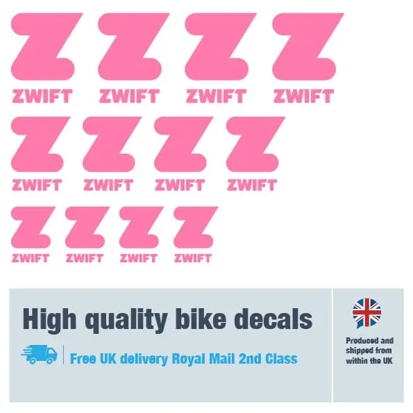 Zwift bike fork decal set in pink. Replacement vinyl stickers for Zwift forks.