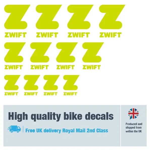 Zwift bike fork decal set in lime. Replacement vinyl stickers for Zwift forks.