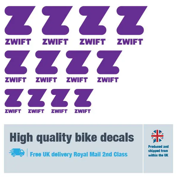 Zwift bike fork decal set in purple. Replacement vinyl stickers for Zwift forks.