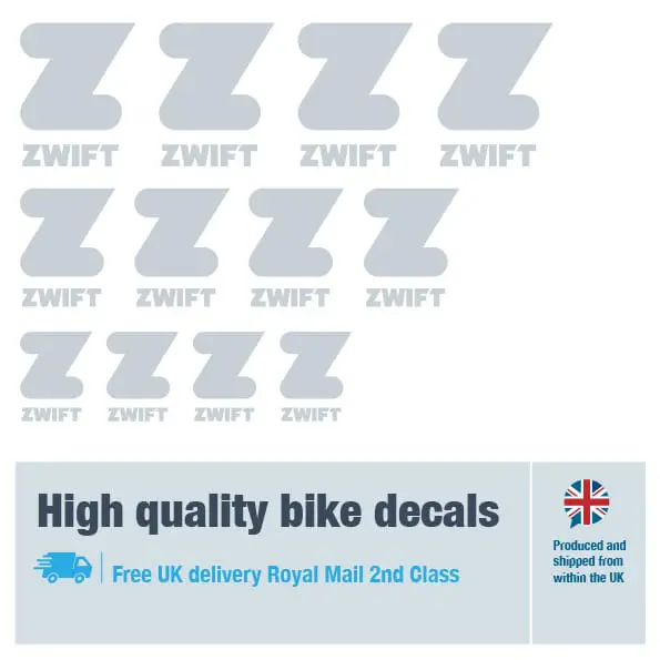 Zwift bike fork decal set in grey. Replacement vinyl stickers for Zwift forks.