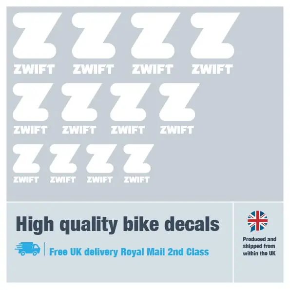 Zwift bike fork decal set in white. Replacement vinyl stickers for Zwift forks.