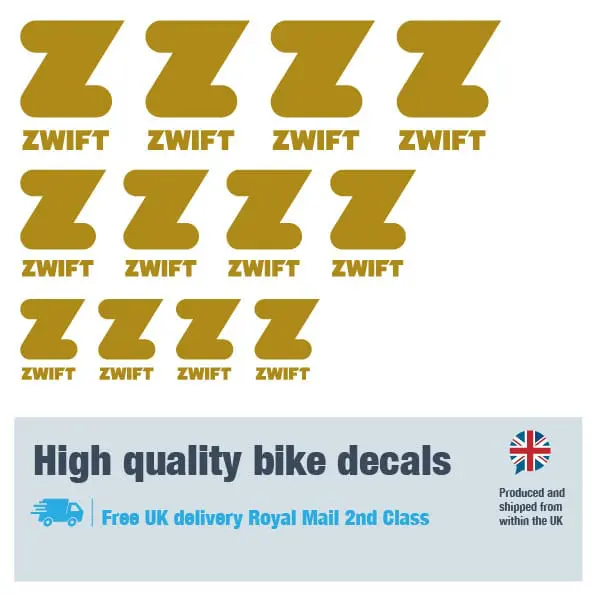 Zwift bike fork decal set in gold. Replacement vinyl stickers for Zwift forks.