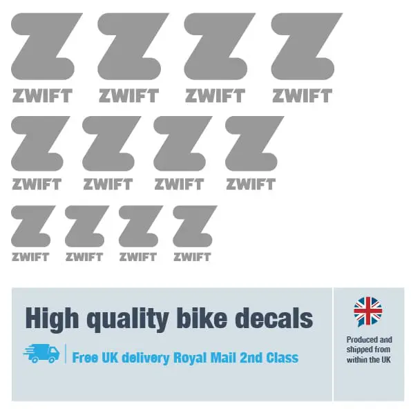 Zwift bike fork decal set in silver. Replacement vinyl stickers for Zwift forks.