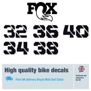 Fox sizes 32 to 40 bike decals labels with free bike protection (26 pack) - 20+ colours