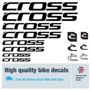 Cross bike decal set in black. Replacement vinyl stickers for Cross frames.