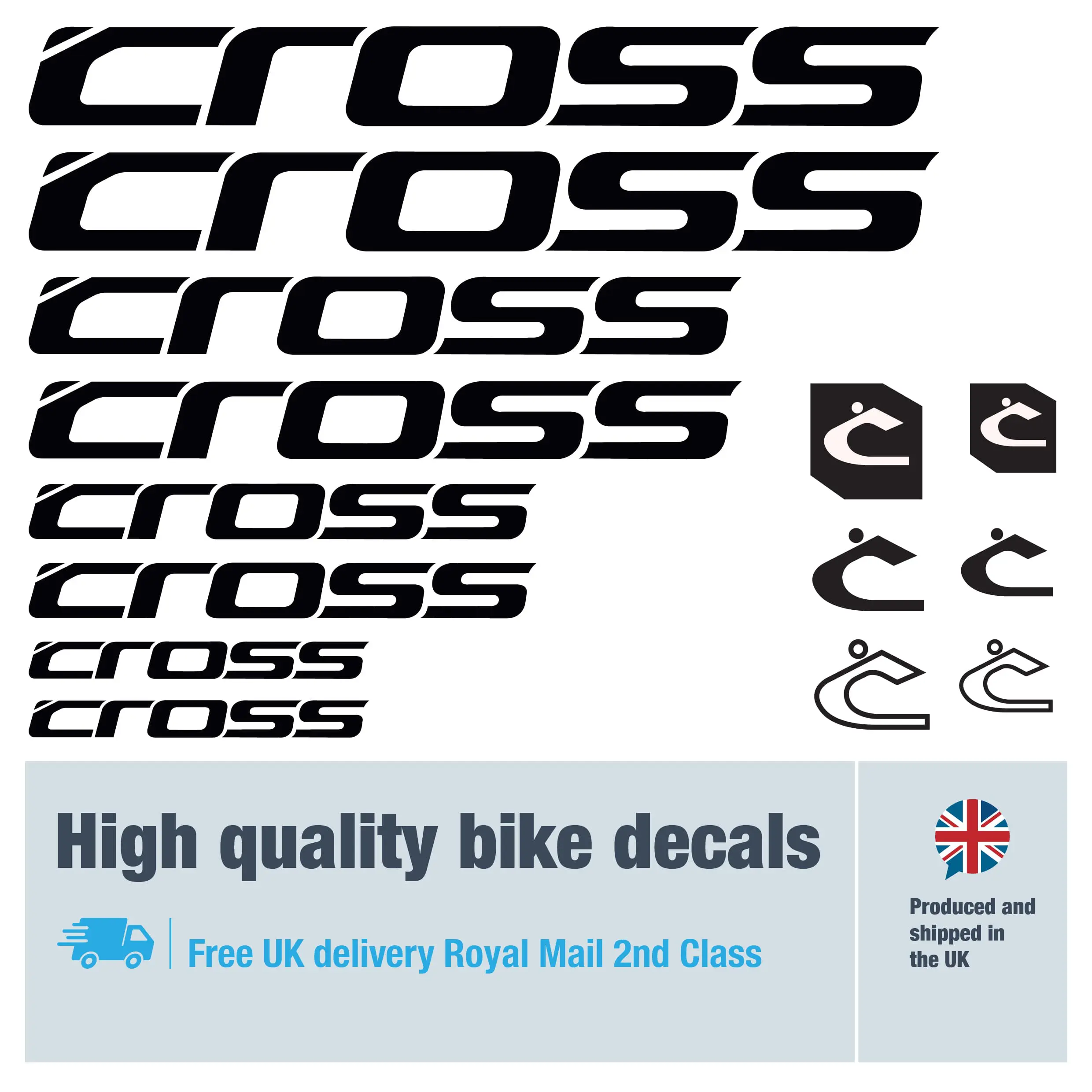 Cross bike decal set in black. Replacement vinyl stickers for Cross frames.