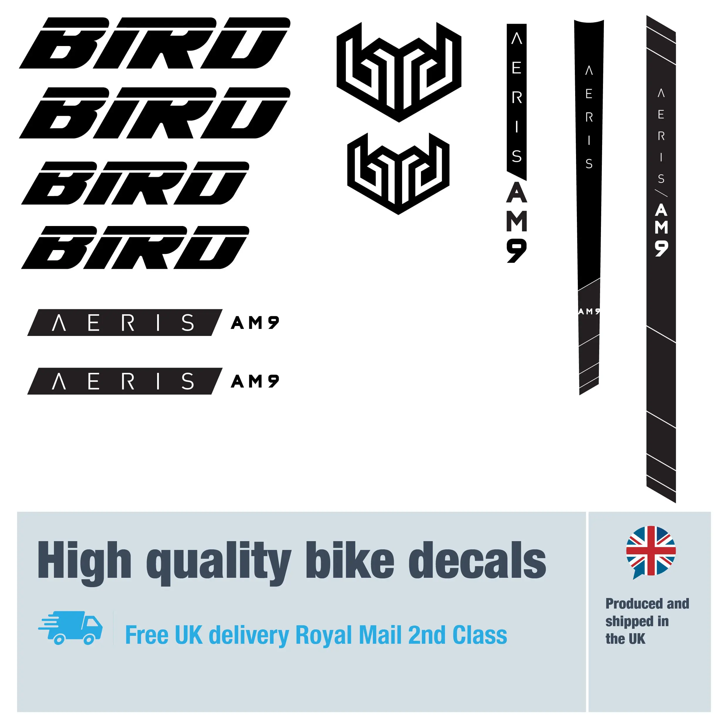 Bird AM bike decal set. Replacement vinyl stickers for Bird frames.