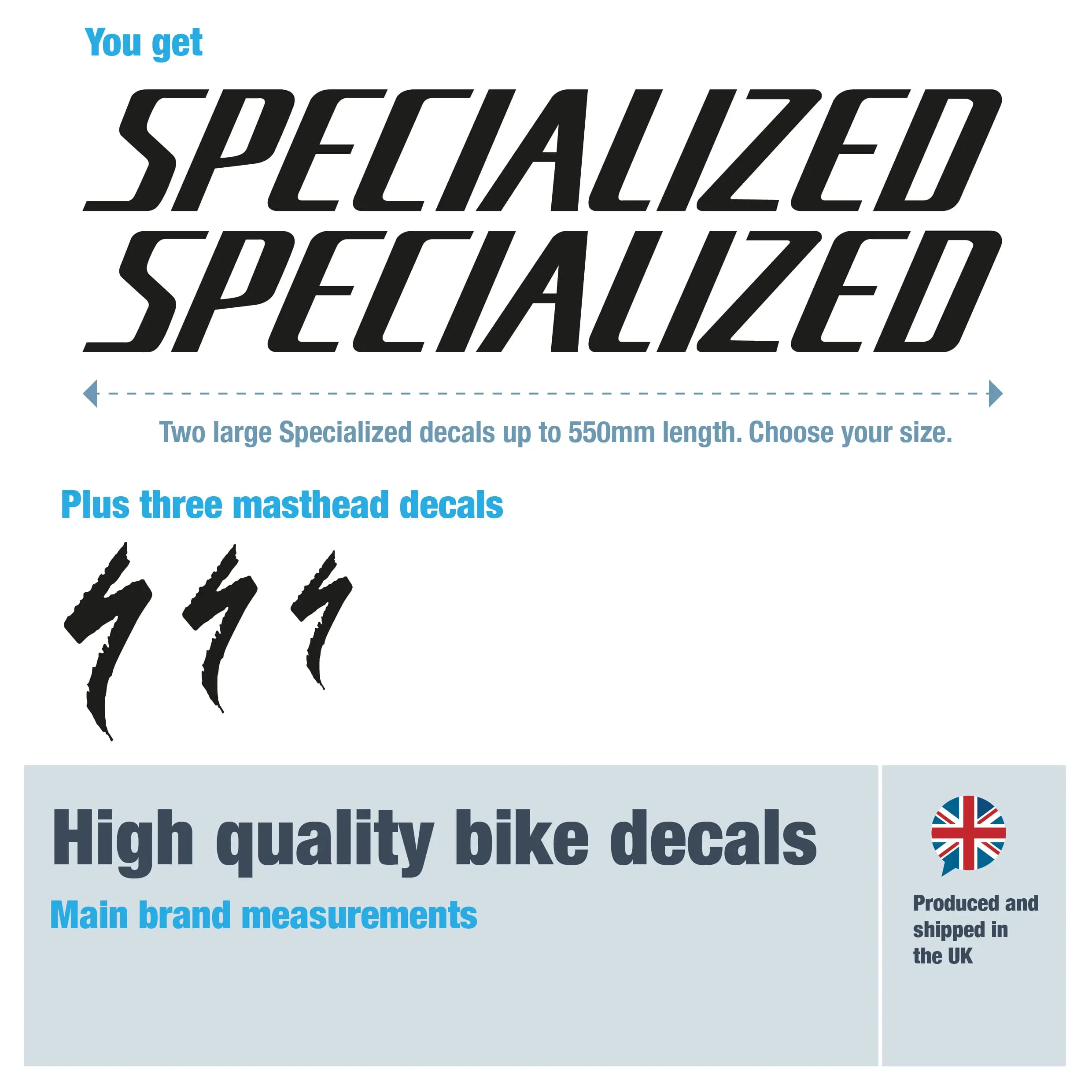Specialized large bike decal set. Replacement vinyl stickers for large Specialized frames.