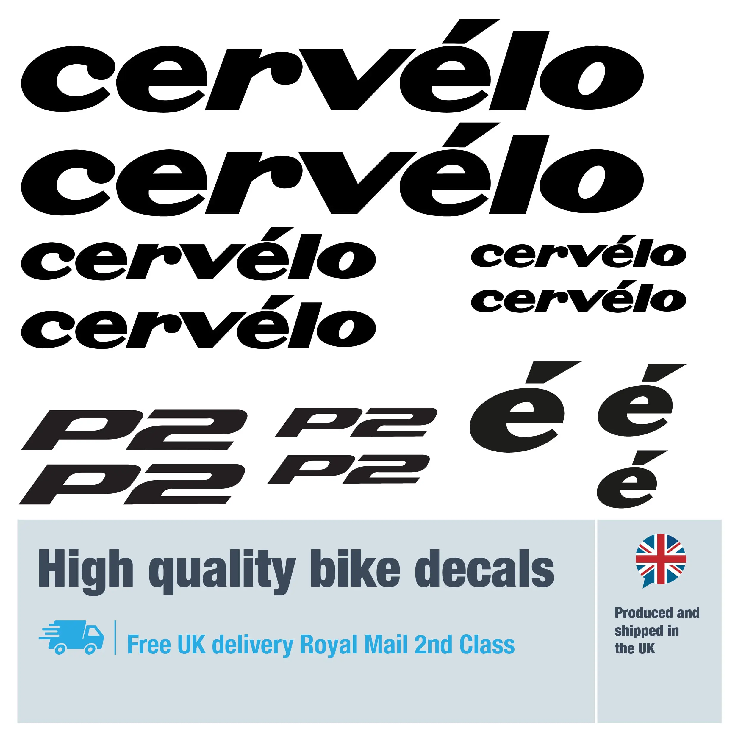 Cervelo P2 bike decal set. Replacement vinyl stickers for Cervelo P2 frames.