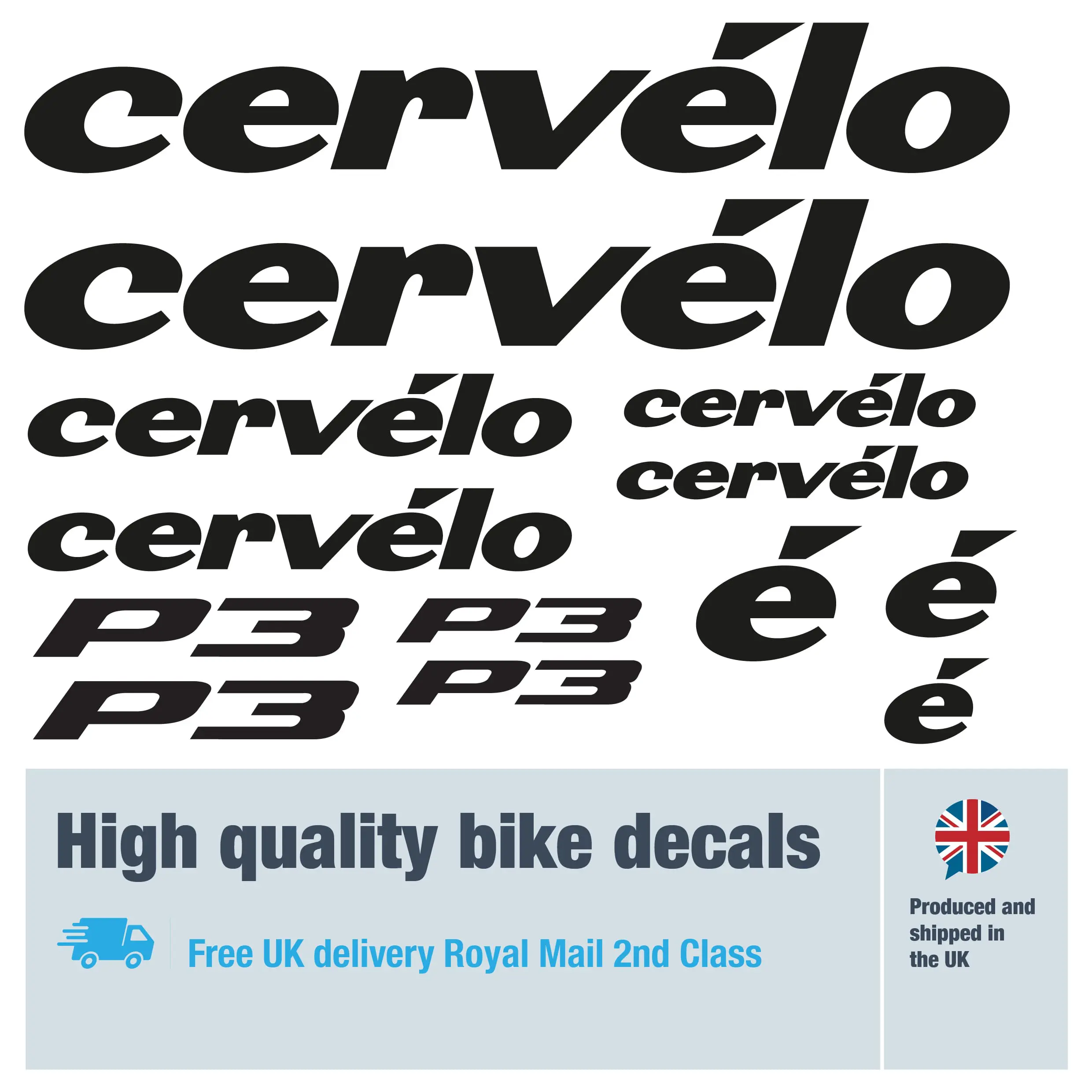 Cervelo P3 bike decal set. Replacement vinyl stickers for Cervelo P3 frames.