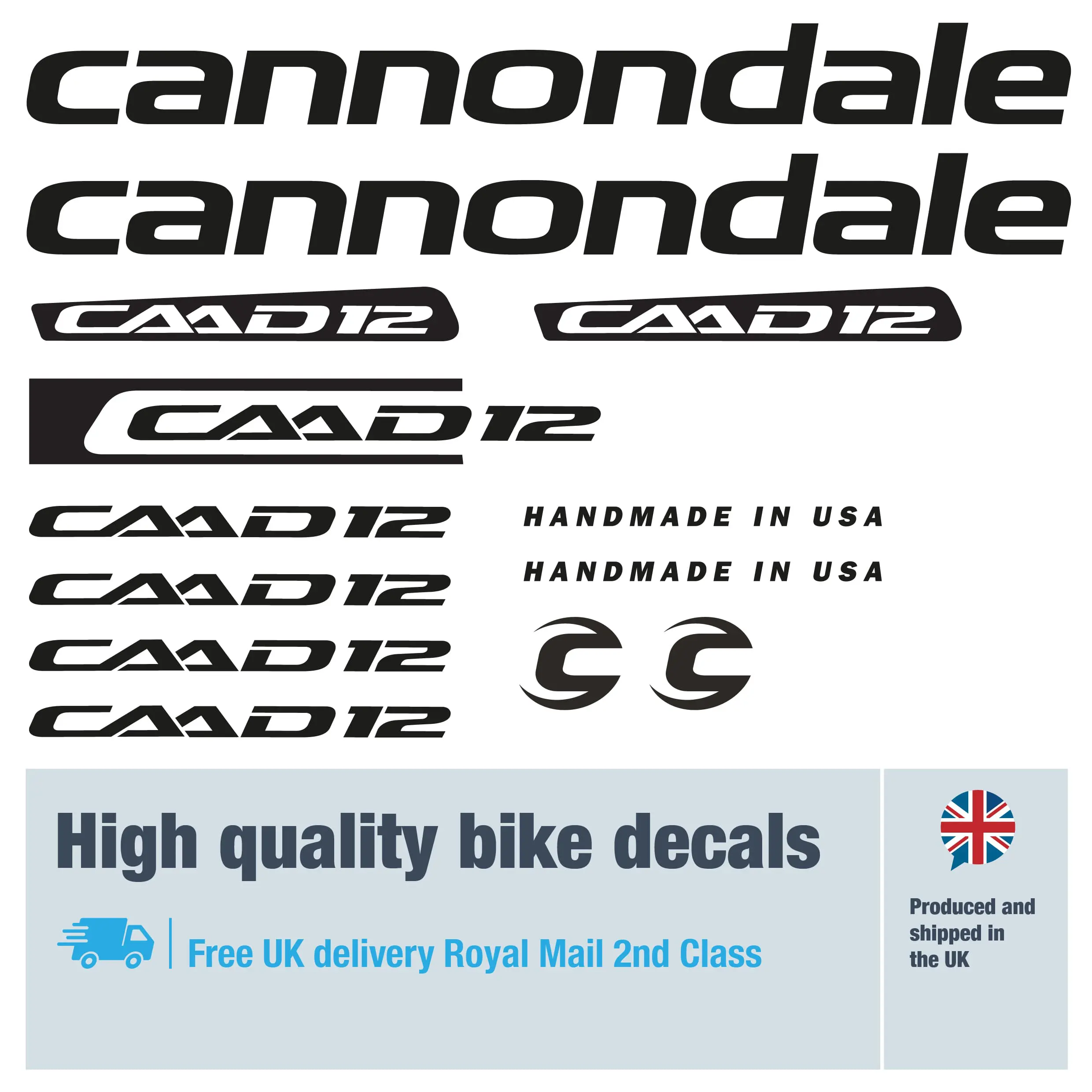 Cannondale CAAD12 bike decal set in black. Replacement vinyl stickers for Cannondale frames.