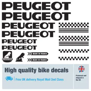 Peugeot classic 2 bike decal set. Replacement vinyl stickers for Peugeot classic frames.