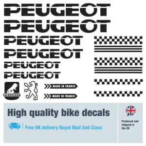 Peugeot classic 3 bike decal set. Replacement vinyl stickers for Peugeot classic frames.