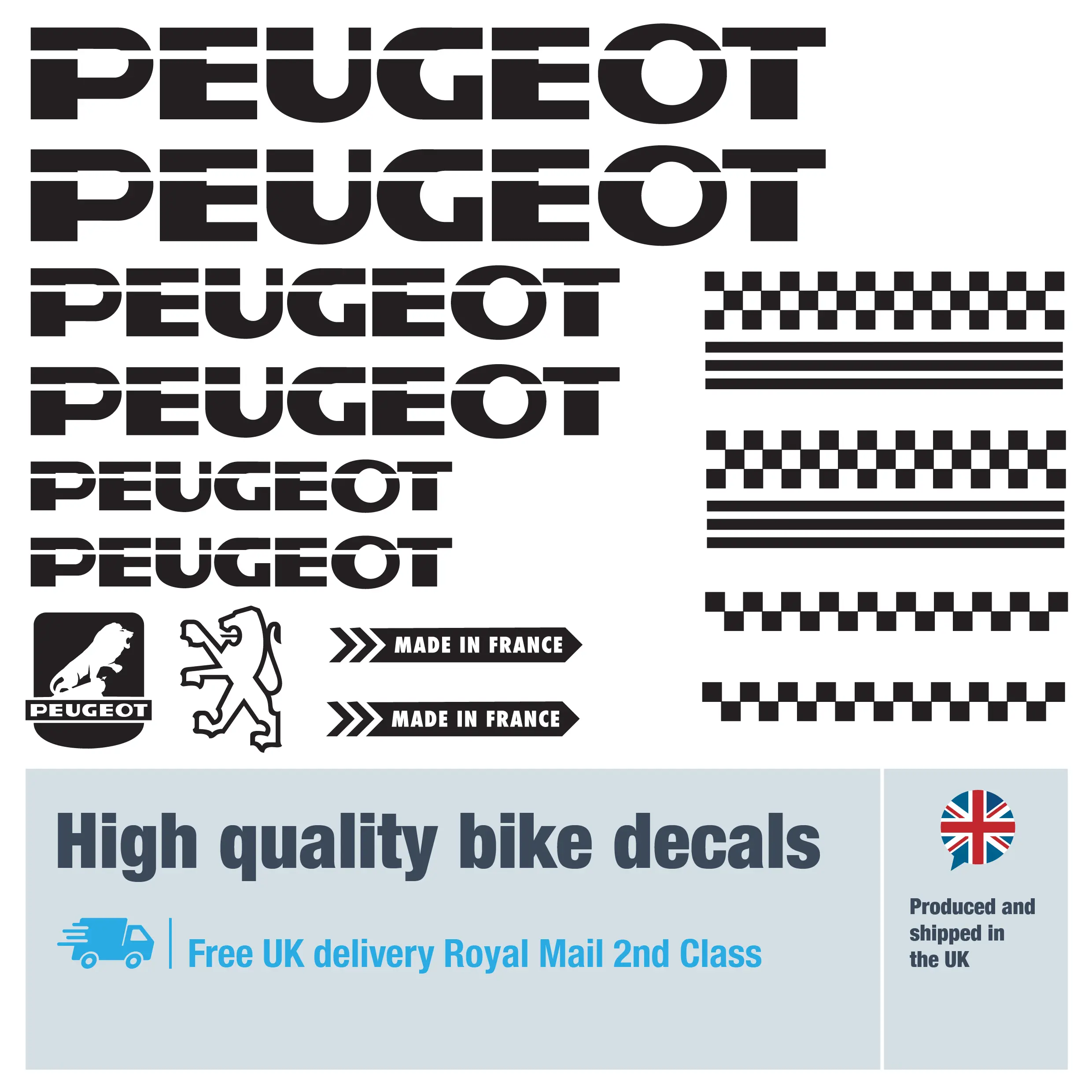 Peugeot classic 3 bike decal set. Replacement vinyl stickers for Peugeot classic frames.