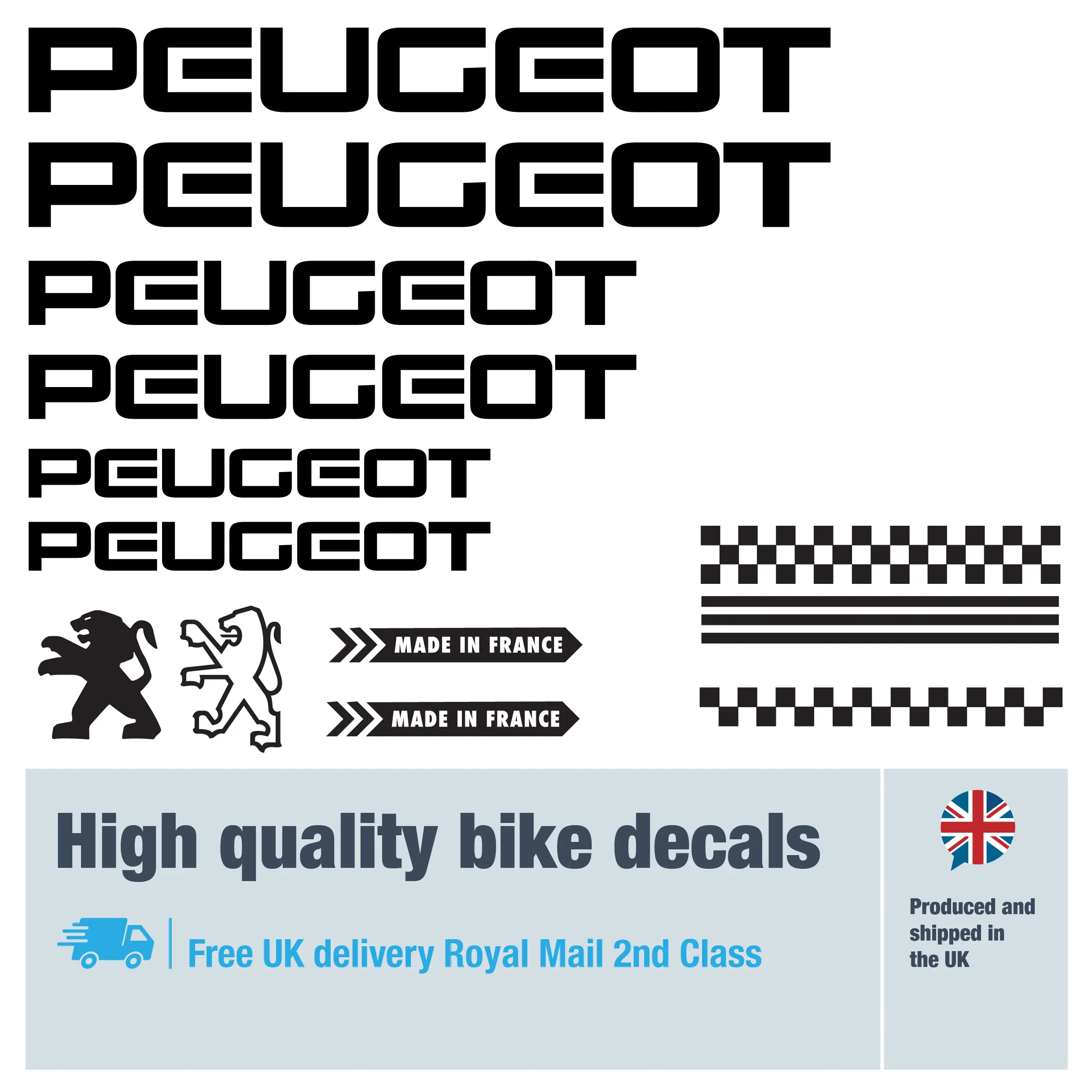 Peugeot classic 4 bike decal set. Replacement vinyl stickers for Peugeot classic frames.