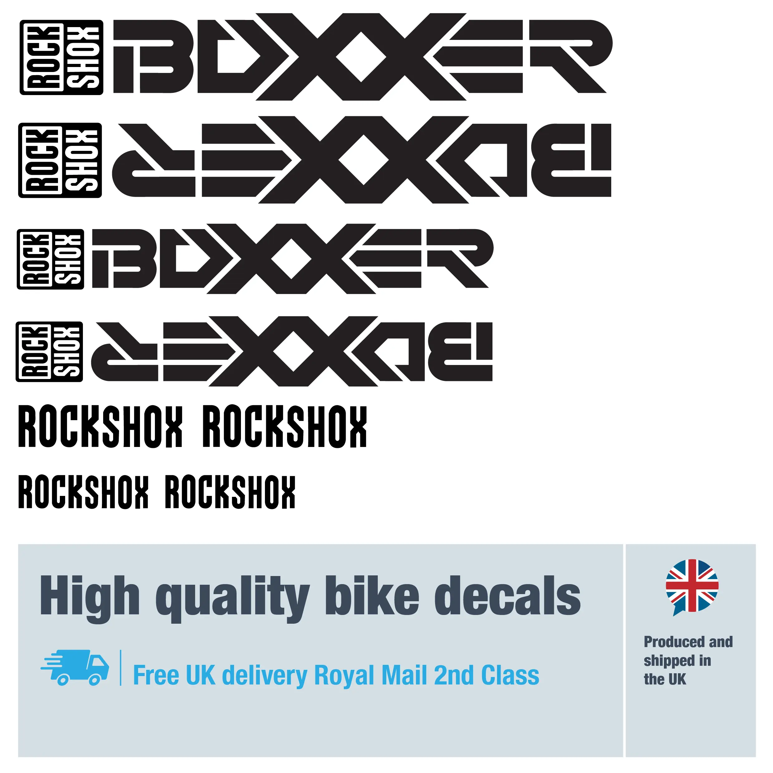 Rockshox Boxxer unblocked bike fork decal set. Replacement vinyl stickers for Rockshox forks