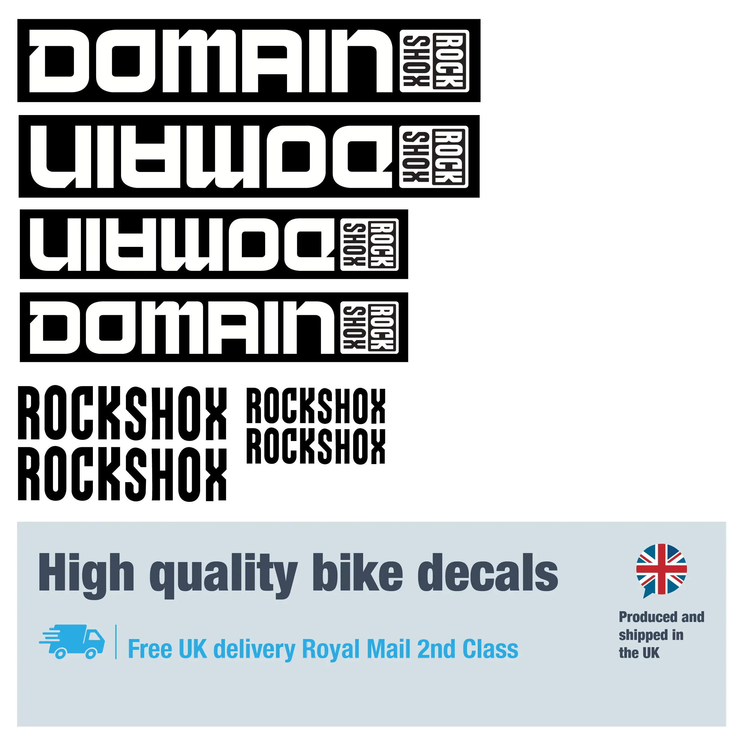 Rockshox domain blocked bike decal set. Replacement vinyl stickers for Rockshox forks