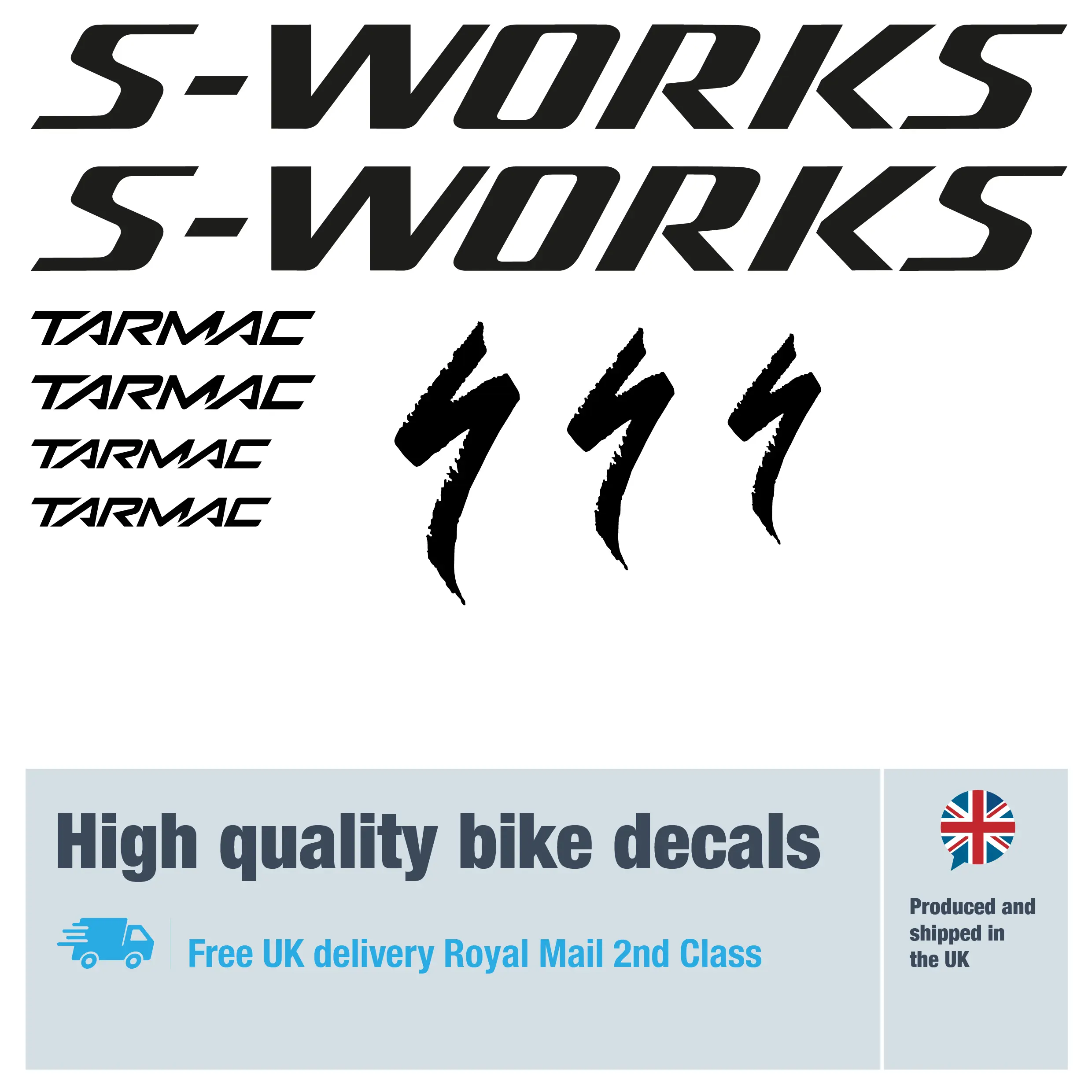 S-Works Tarmac bike decal set. Replacement vinyl stickers for S-Works Tarmac frames.