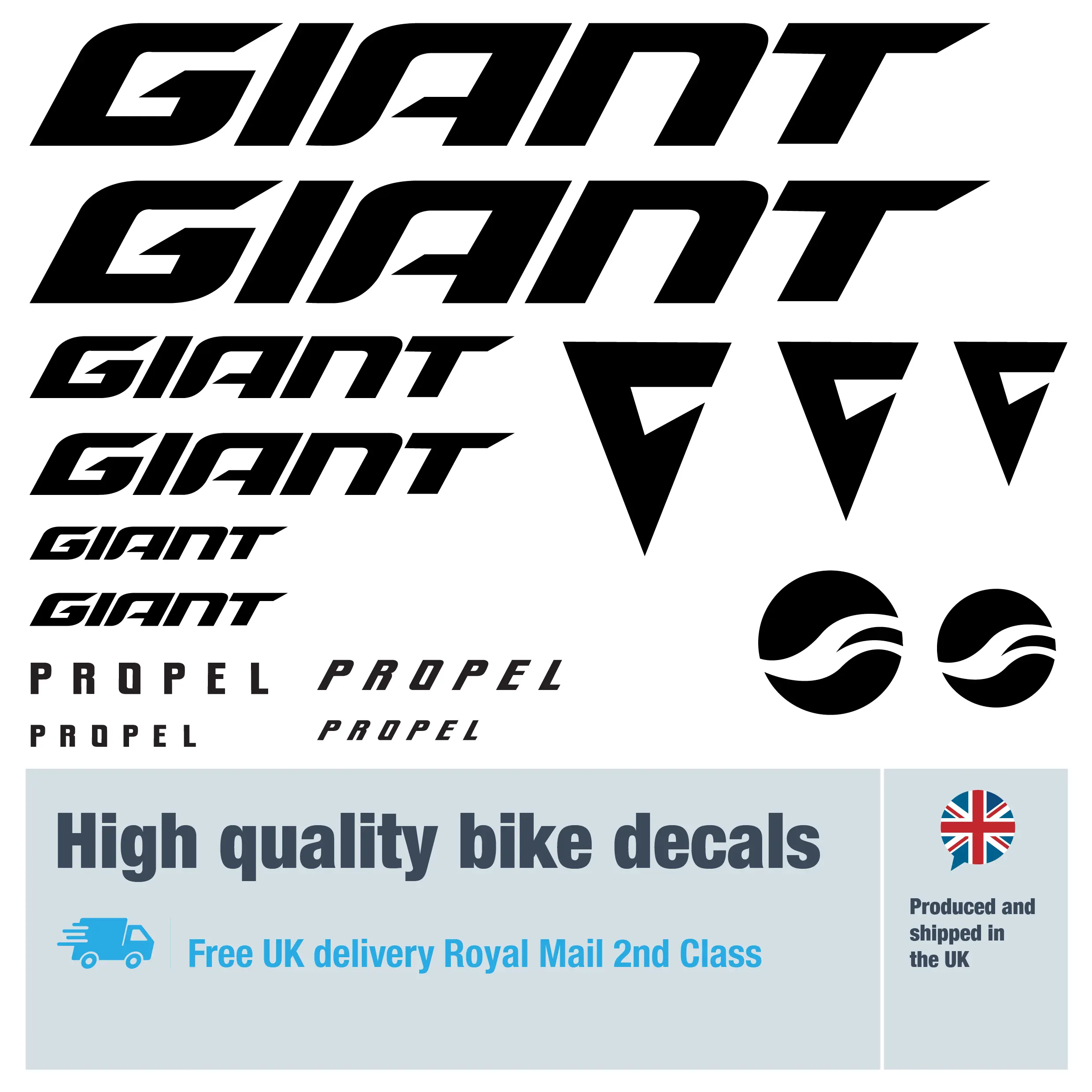 Giant Propel new bike decal set in black. Replacement vinyl stickers for Giant bike frames.