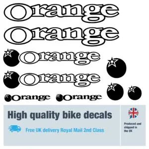 Orange outline bike decal set in black. Replacement vinyl stickers for Orange bike frames.