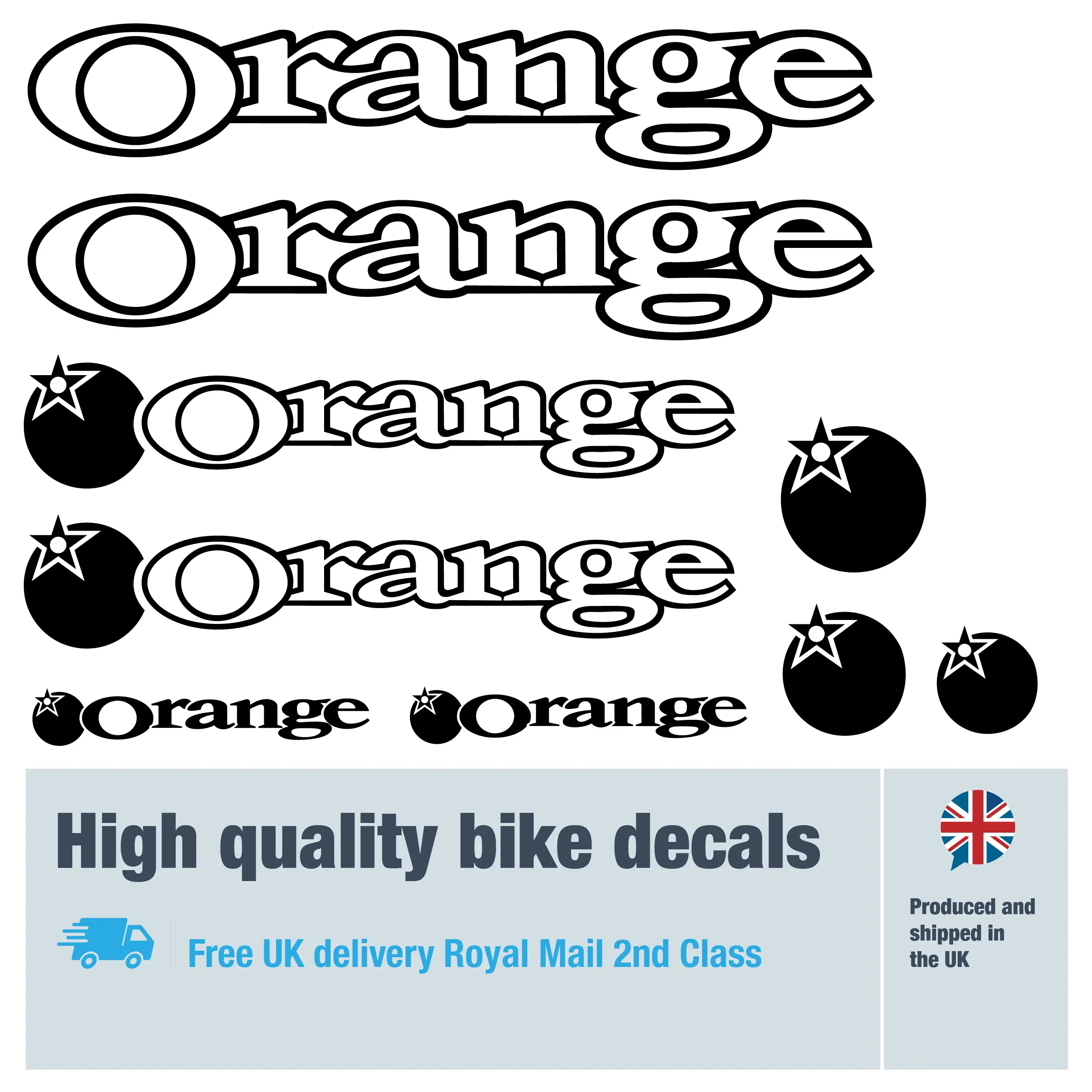 Orange outline bike decal set in black. Replacement vinyl stickers for Orange bike frames.