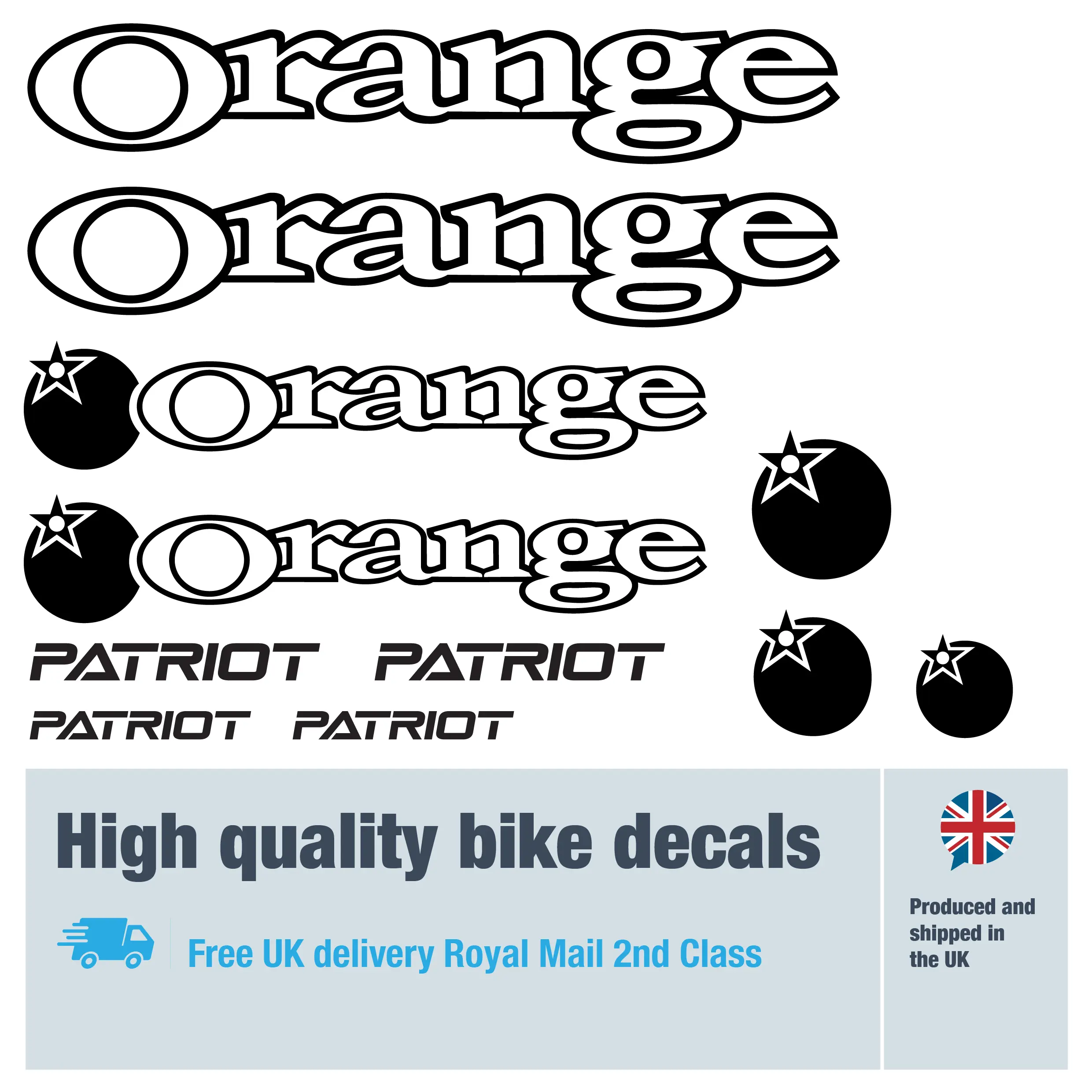 Orange Patriot outline bike decal set in black. Replacement vinyl stickers for Orange bike frames.
