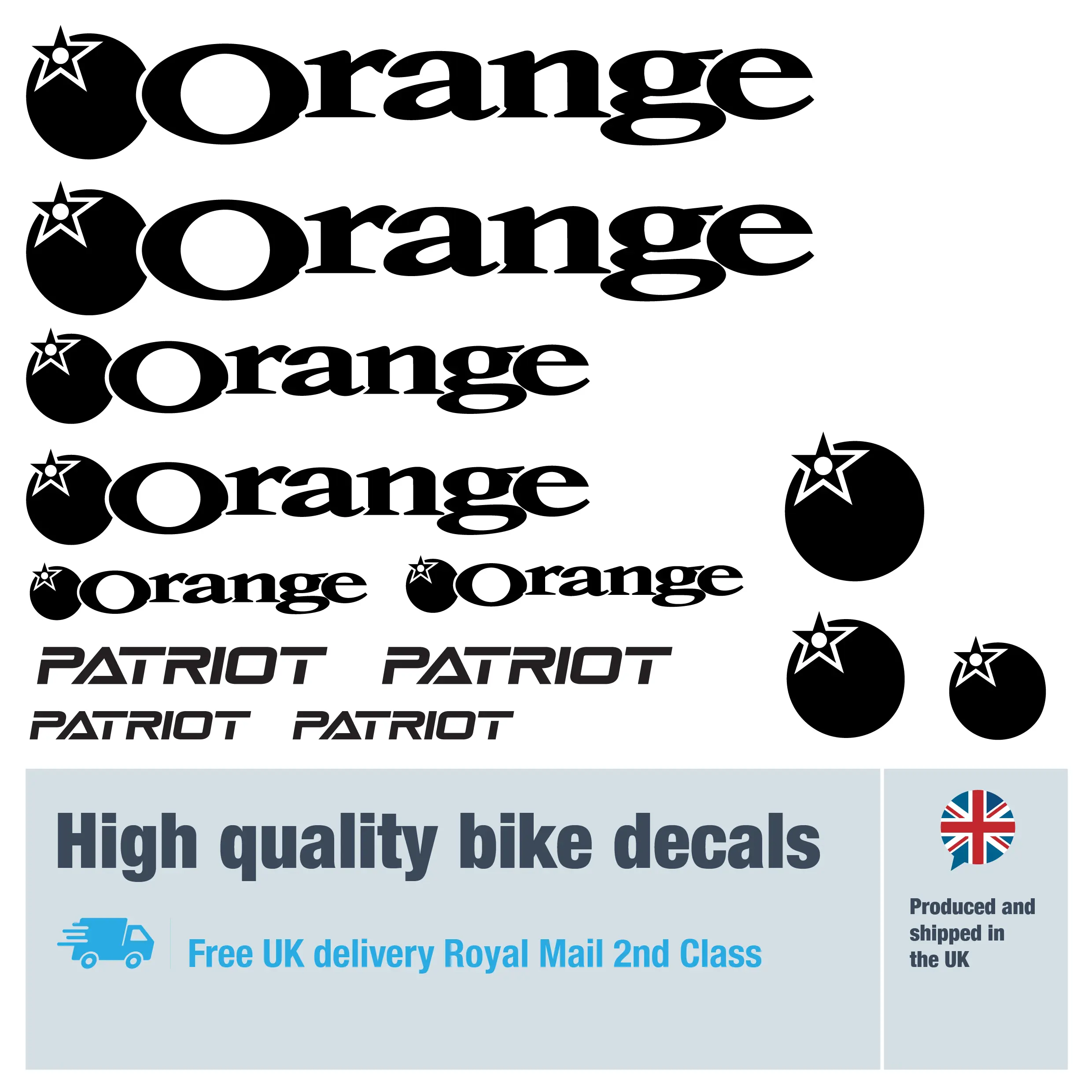 Orange Patriot solid bike decal set in black. Replacement vinyl stickers for Orange bike frames.