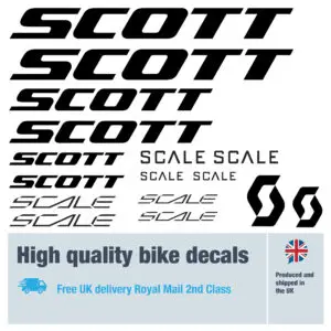 Scott Scale bike decal set in black. Replacement vinyl stickers for Scott bike frames.