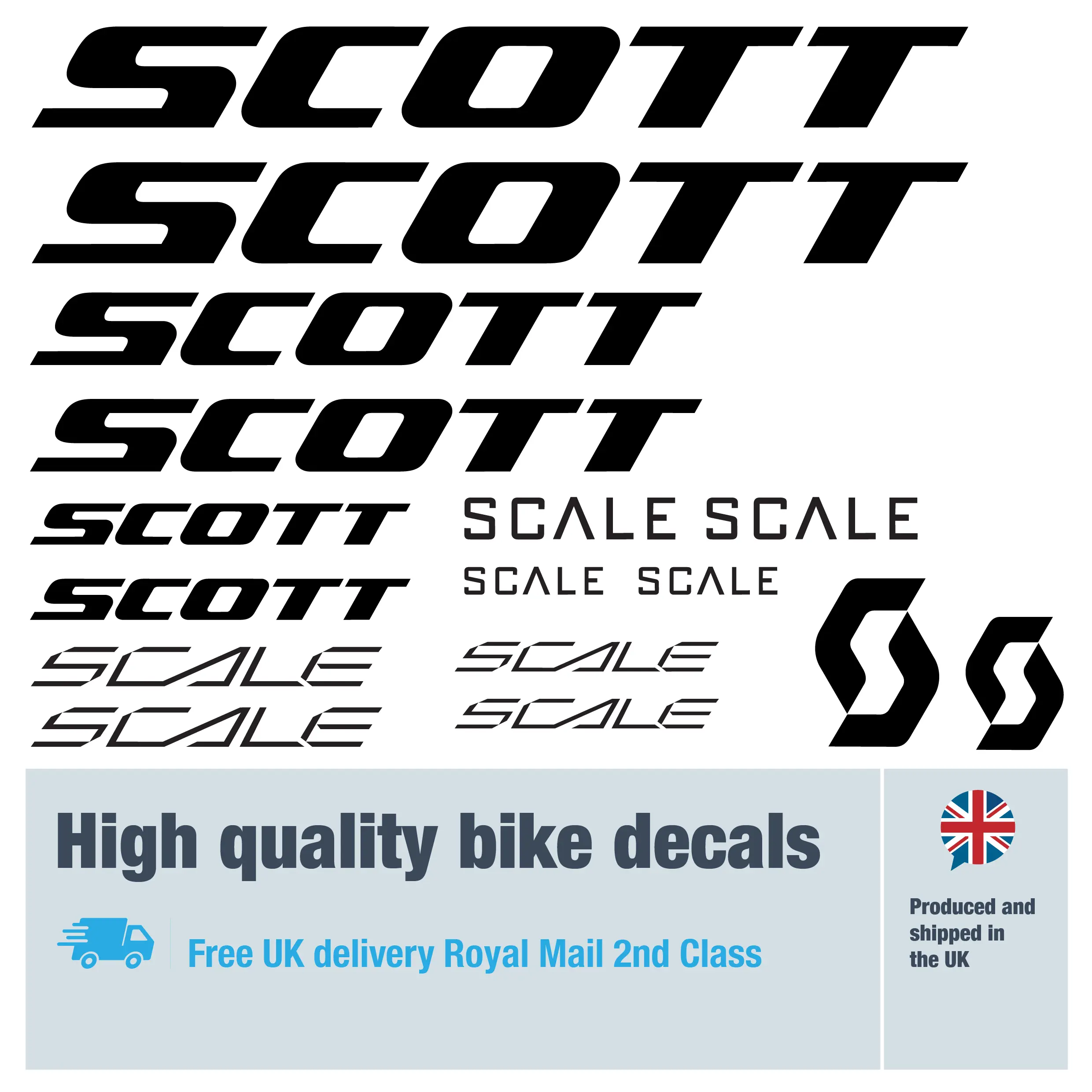 Scott Scale bike decal set in black. Replacement vinyl stickers for Scott bike frames.
