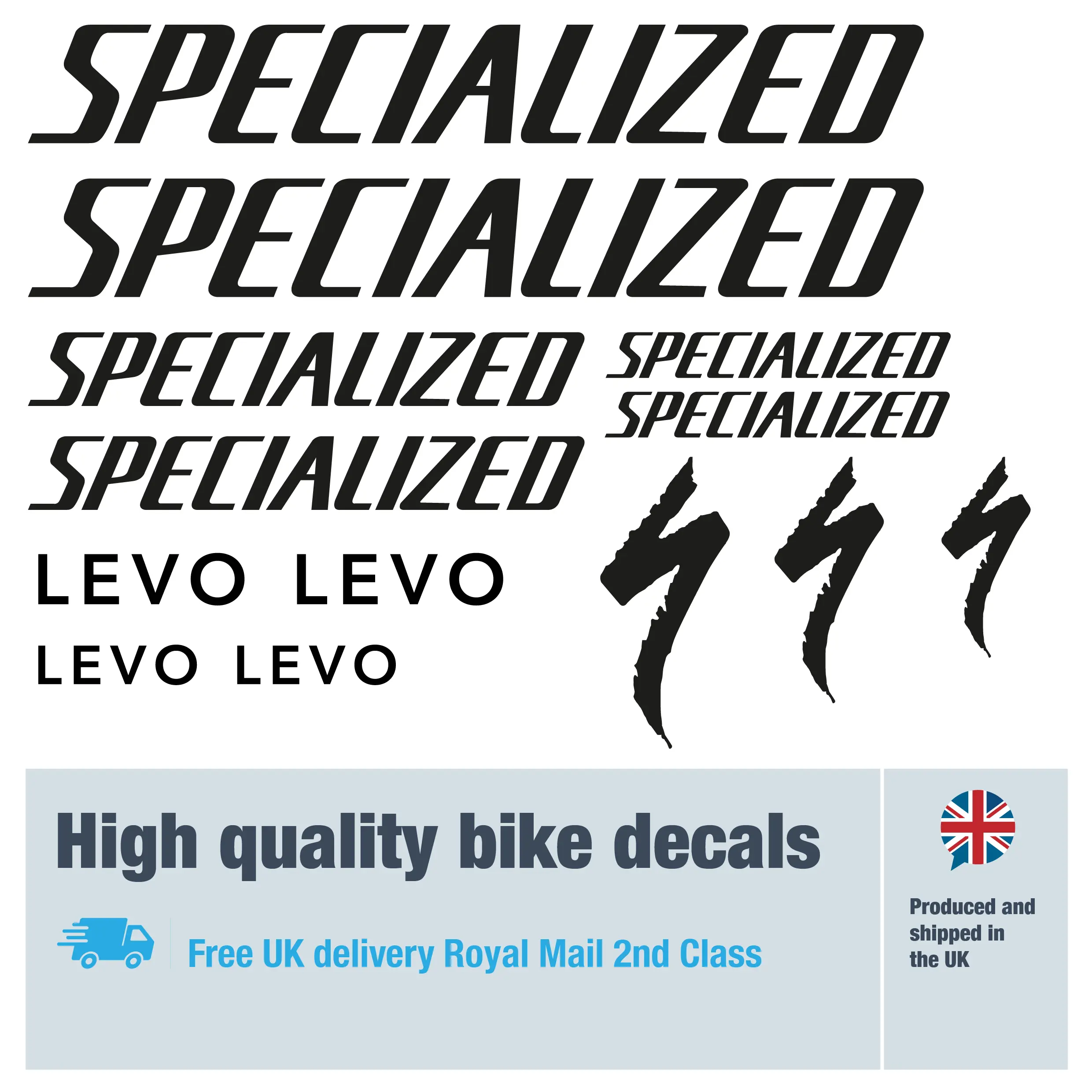 Specialized LEVO bike decal set in black. Replacement vinyl stickers for Specialized frames.