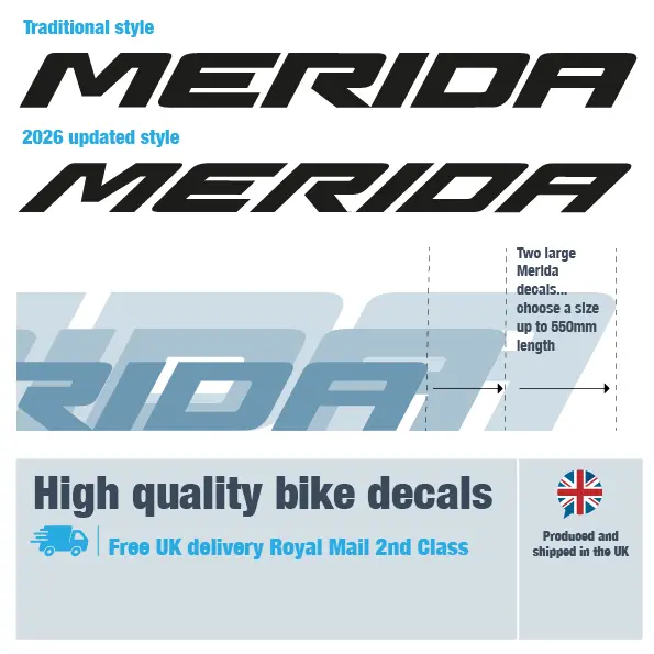 Merida long bike decal set. Replacement vinyl stickers for Merida bike frames.