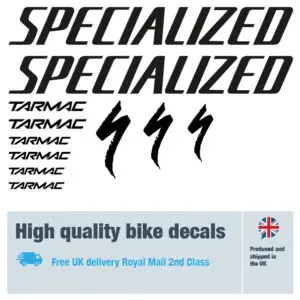Specialized Tarmac decal set in black. Replacement vinyl stickers for Specialized frames.