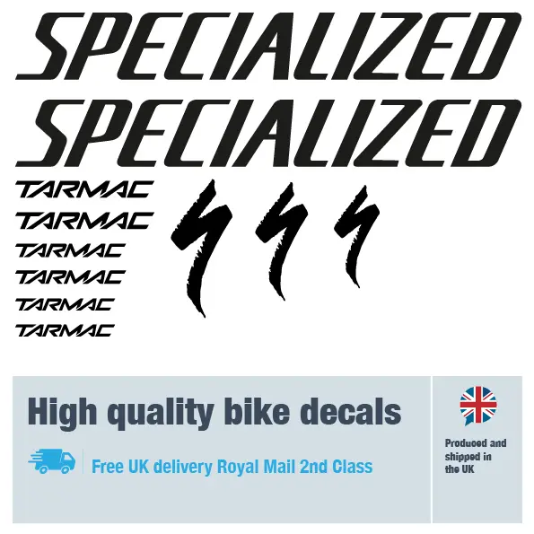 Specialized Tarmac decal set in black. Replacement vinyl stickers for Specialized frames.