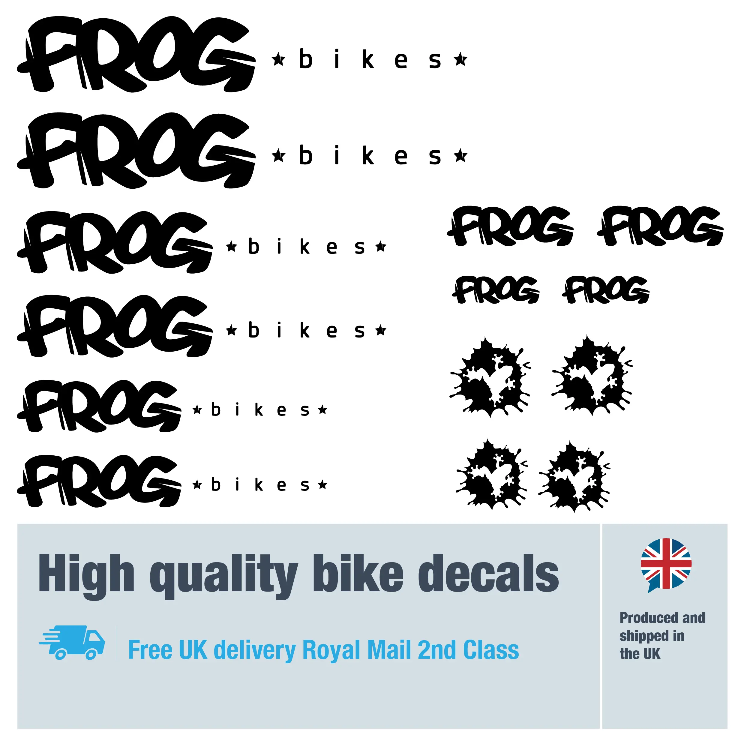 Frog small bike decal set. Replacement vinyl stickers for Frog bike frames.