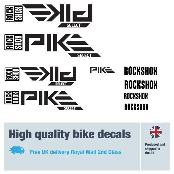 Rockshox Pike Select Unblocked fork decal set. Replacement vinyl stickers for Rockshox forks