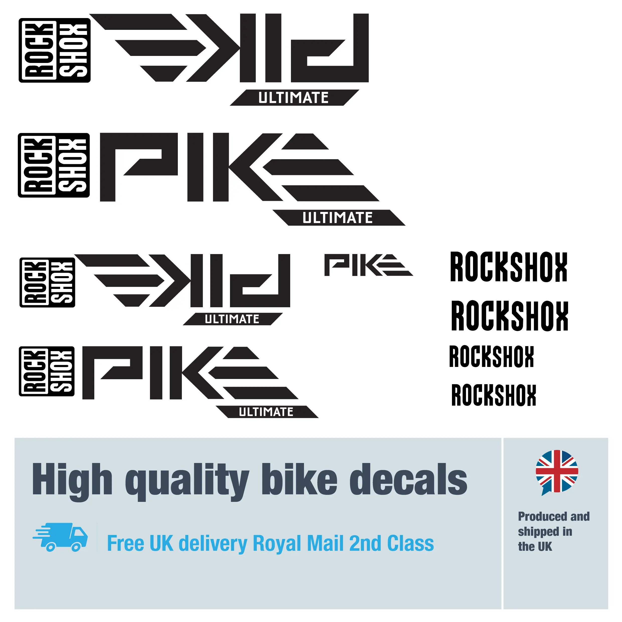 Rockshox Pike Ultimate Unlocked fork decal set. Replacement vinyl stickers for Rockshox forks