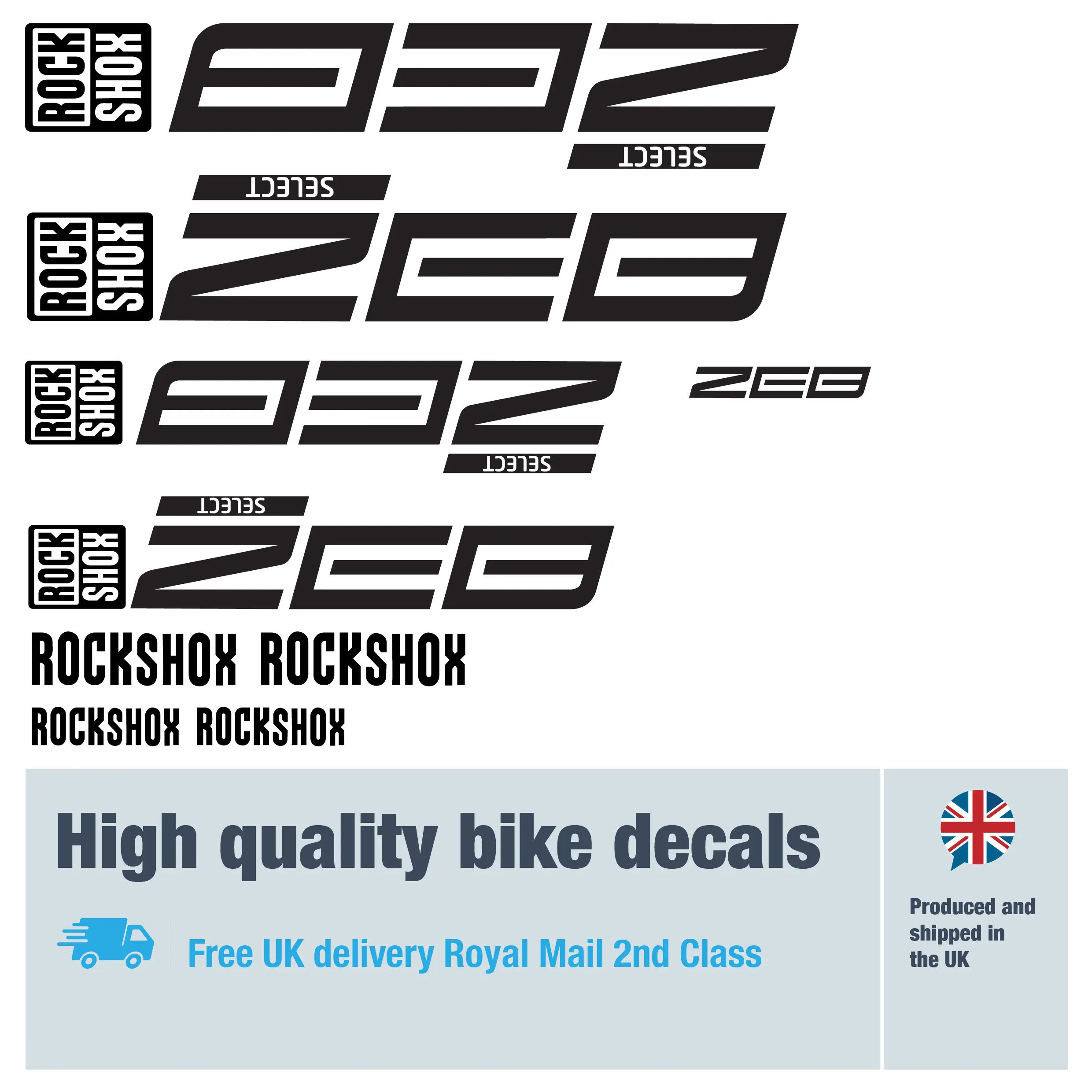 Rockshox ZEB Select unblocked fork decal set. Replacement vinyl stickers for Rockshox forks