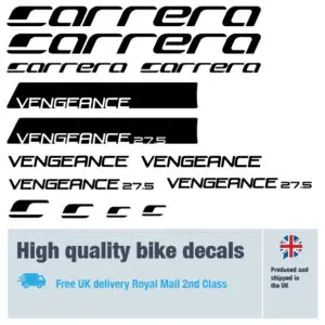 Carrera Vengeance bike decal set. Replacement vinyl stickers for Carerra bike frames.