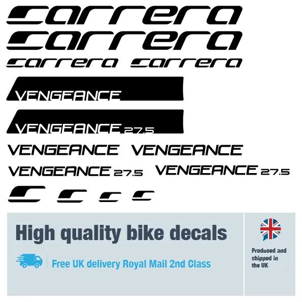 Carrera Vengeance bike decal set. Replacement vinyl stickers for Carerra bike frames.