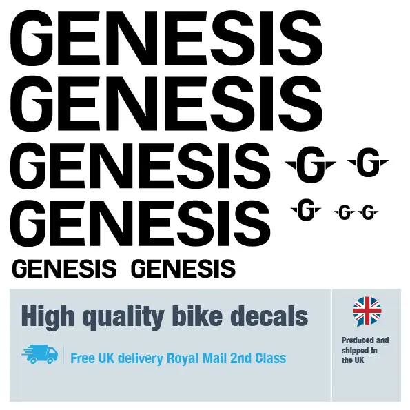 Genesis bike decal set. Replacement vinyl stickers for Genesis bike frames.
