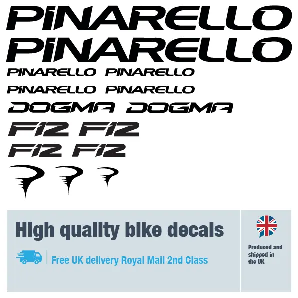 Pinarello Dogma F12 bike decal set. Replacement vinyl stickers for Pinarello bike frames.
