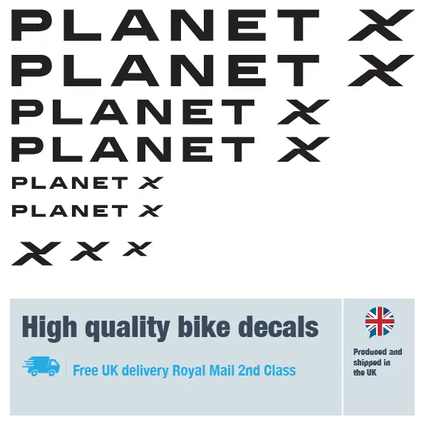 Planet X 2026 bike decal set. Replacement vinyl stickers for Planet X bike frames.