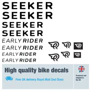 Early Rider Seeker bike decal set. Replacement vinyl stickers for Earl Rider frames.