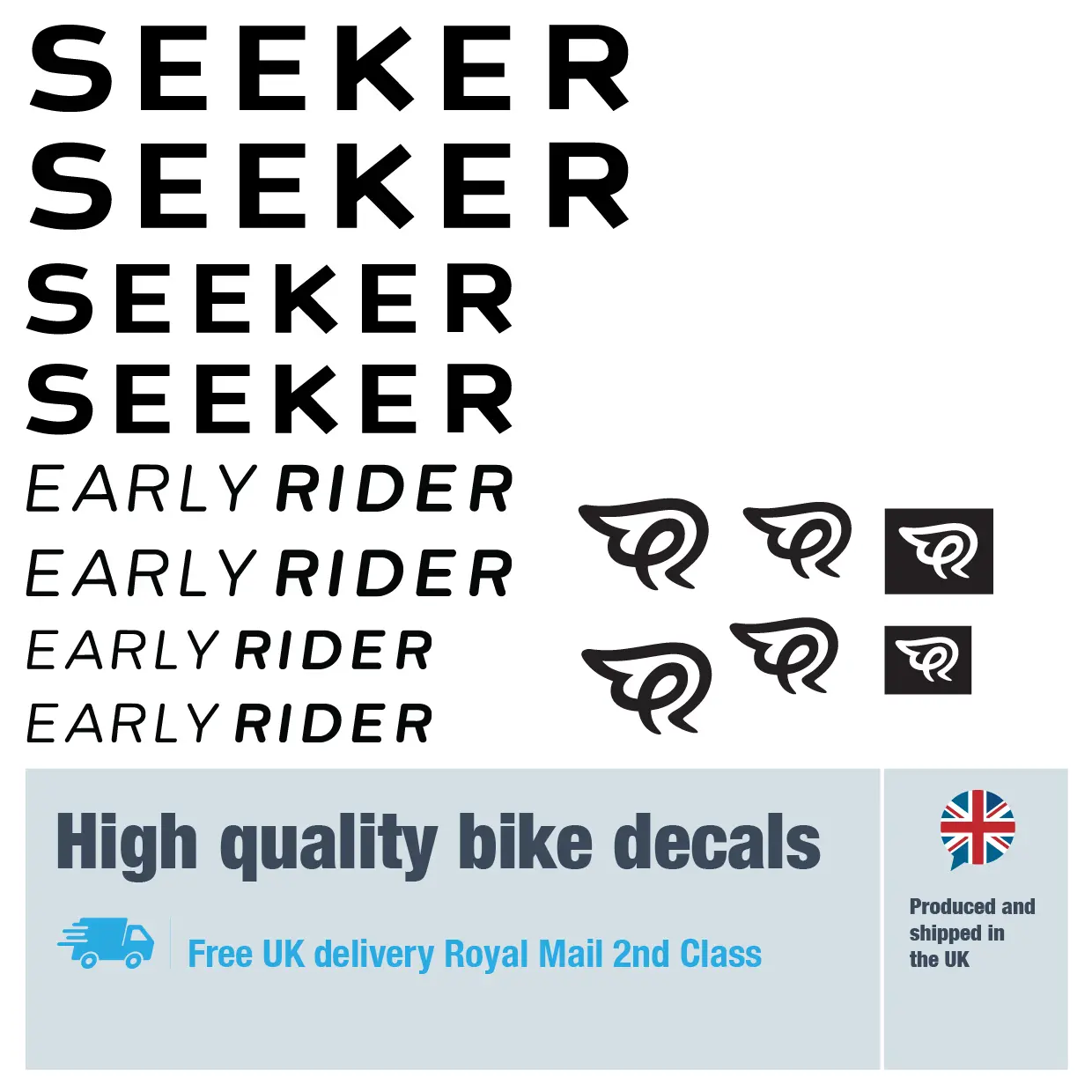 Early Rider Seeker bike decal set. Replacement vinyl stickers for Earl Rider frames.