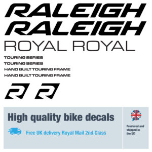 Raleigh ROYAL bike decals labels with free bike protection (25 pack) - 20+ colours